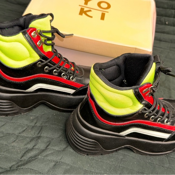 Yoki Boot Sneakers in black, red, and neon yellow. - Picture 2 of 6